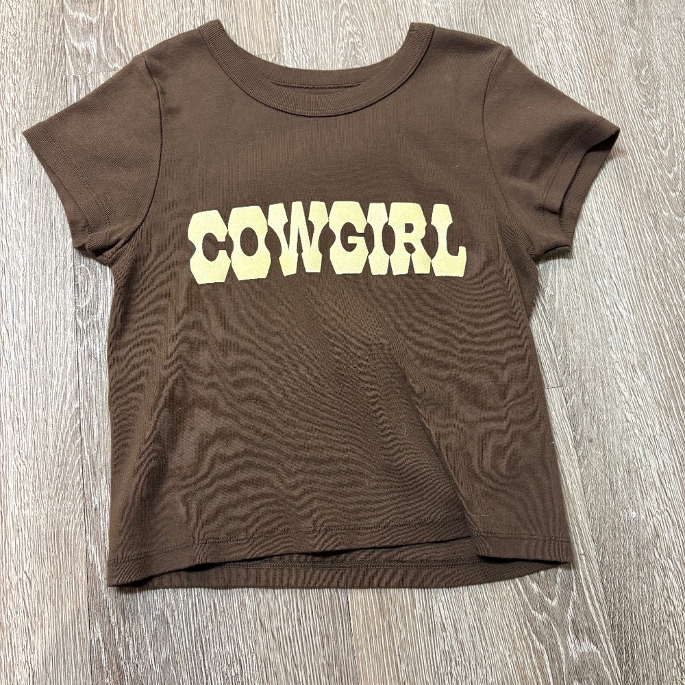 Brandy Melville Brown Tee with Cream "COWGIRL" Graphic
